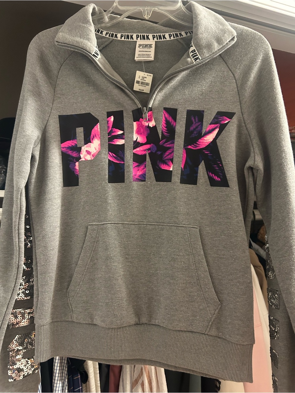 PINK Victoria's Secret Gray Pullover with Pink Floral Logo